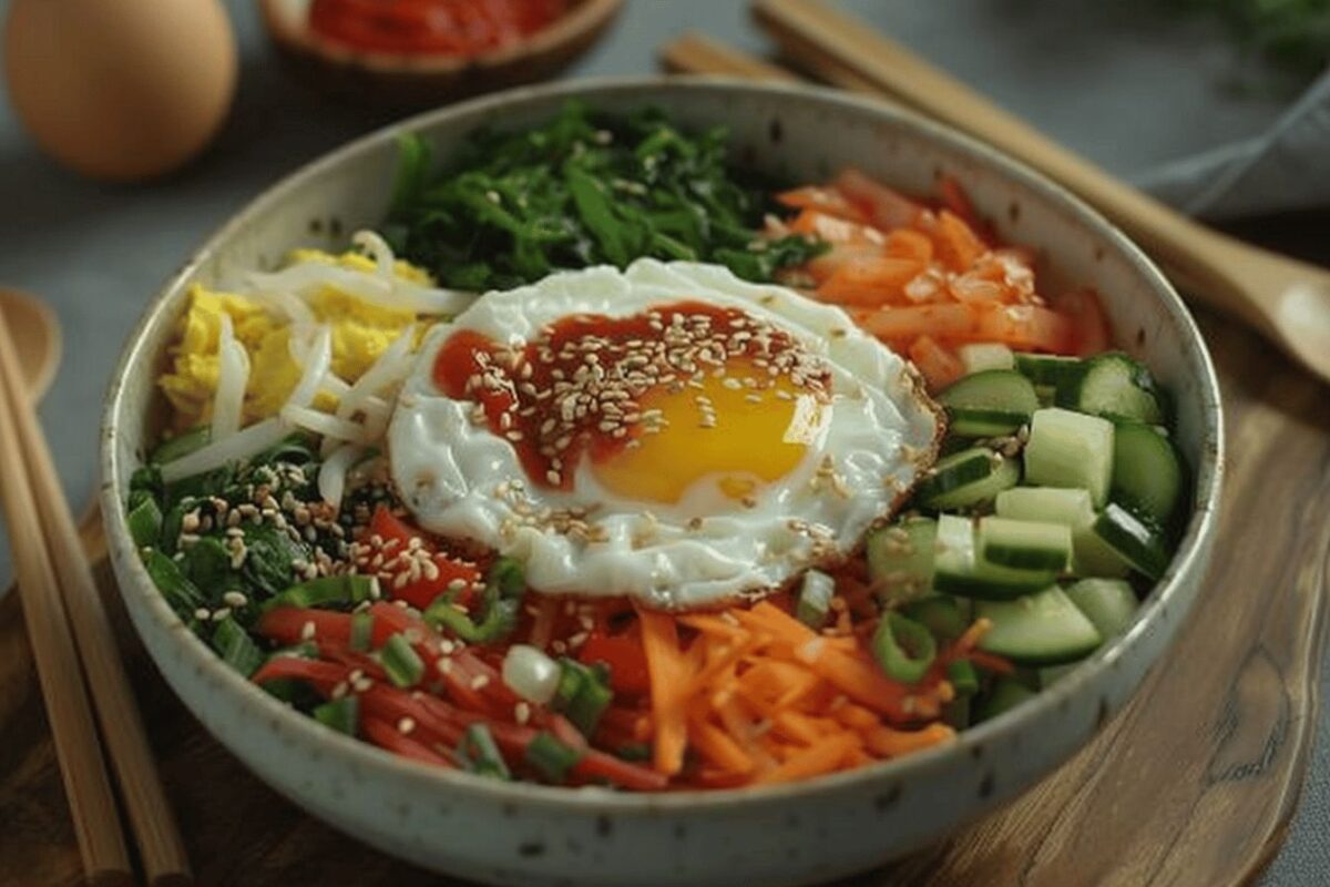 Explorez les délices de la Corée avec cette recette complète du bibimbap, un voyage culinaire coloré